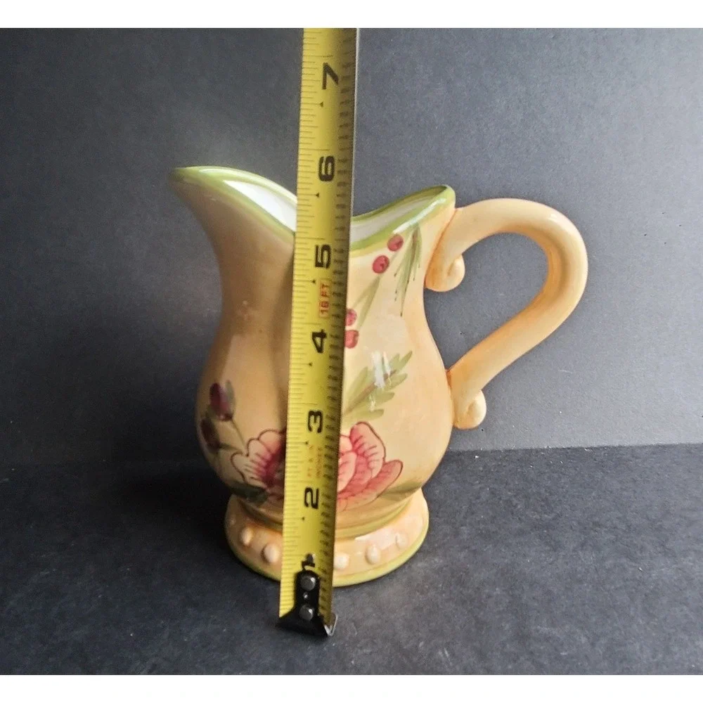 Hand Painted Floral Ceramic Pitcher Yellow Pink Flower Scalloped Rim 6.5 Inch